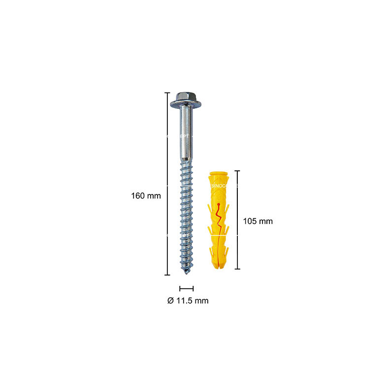 A flange bolt with a diameter of 11.5mm and a height of 160mm, paired with a yellow plastic anchor that is 105mm in height.