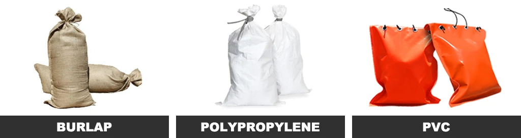 Two burlap sandbags, two white polypropylene sandbags, and two orange PVC sandbags.