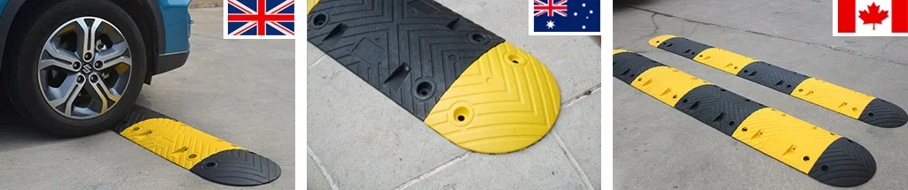 Black and yellow rubber speed bumps used to reduce speed.