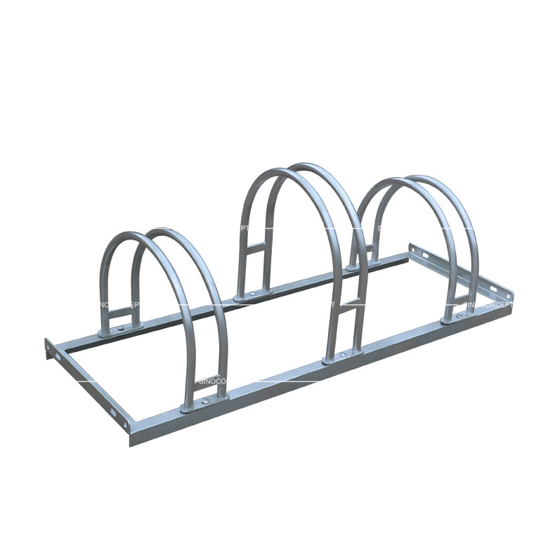 Metal bike stand with three spaces made of steel with strong hot-dip galvanized construction for outside bike parking