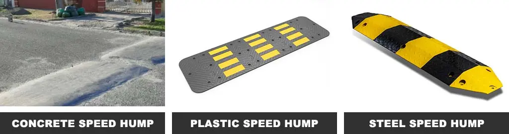 A concrete speed hump, a plastic speed hump, and a black and yellow steel speed hump used to reduce speed.