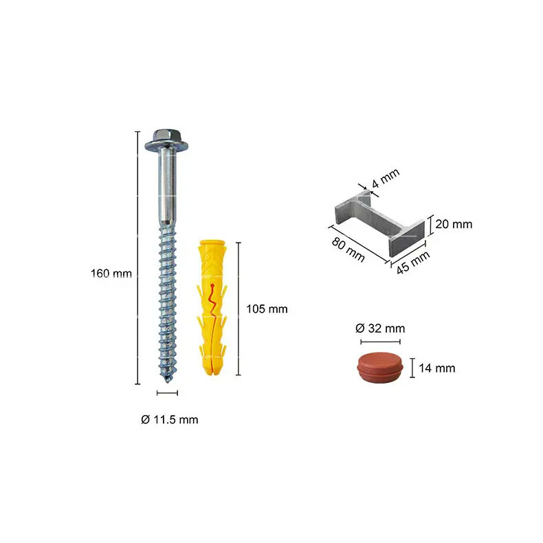 A galvanised hex flange coach screw (11.5mm diameter, 160mm height) with a 105mm yellow plastic anchor, alongside a red cap and an H connector.