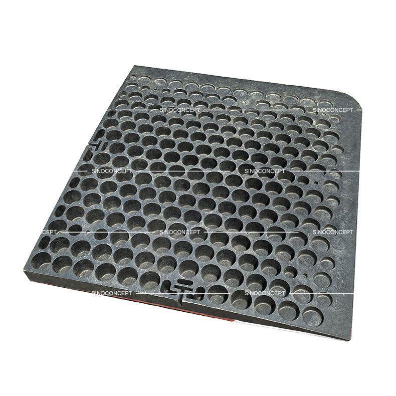 Bottom view of speed cushion Belgium made of black Plastic-Rubber composite for traffic-calming purpose.