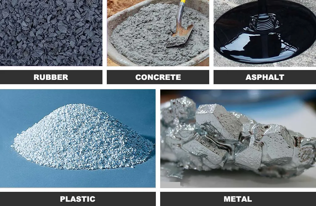 Rubber, concrete, asphalt, plastic, and metal raw materials.