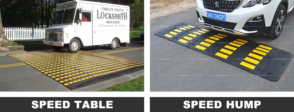 A black and yellow speed hump and speed table as traffic-calming measures to reduce speed.