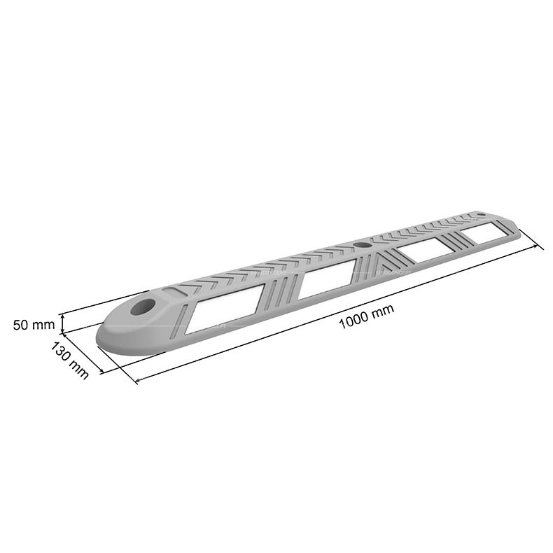 3D drawing of a cycle lane divider showing dimensions of the Eco type, with white reflective tapes for traffic management.