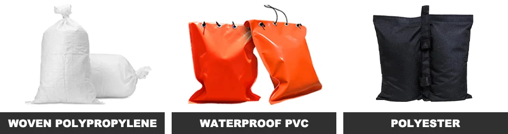 Two woven polypropylene sandbags, two waterproof PVC sandbags, and a black polyester sandbag.