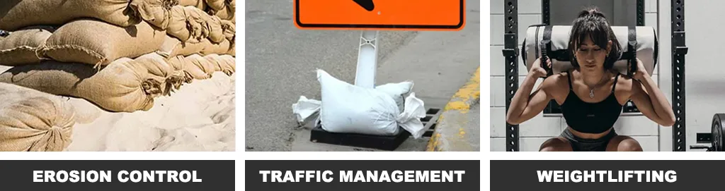 Many burlap sandbags put together as erosion control tools, two white sandbags are holding a traffic sign to prevent it from falling down, and a woman is using a grey sandbag as an exercise tool.