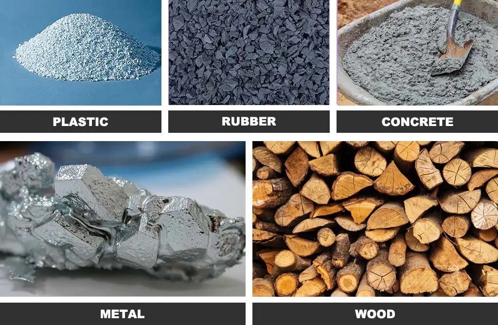 Plastic, rubber, concrete, metal, and wood raw materials.
