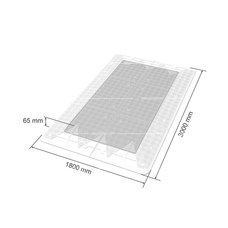 3D drawing of a speed cushion showing dimensions of the Belgium type, with white reflective films for traffic management