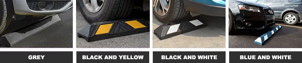Grey, black and white, black and yellow, blue and white wheel stops used as parking management tools.