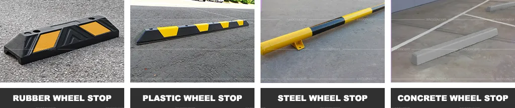A black and yellow rubber, plastic and steel car stop, and concrete wheel stops.