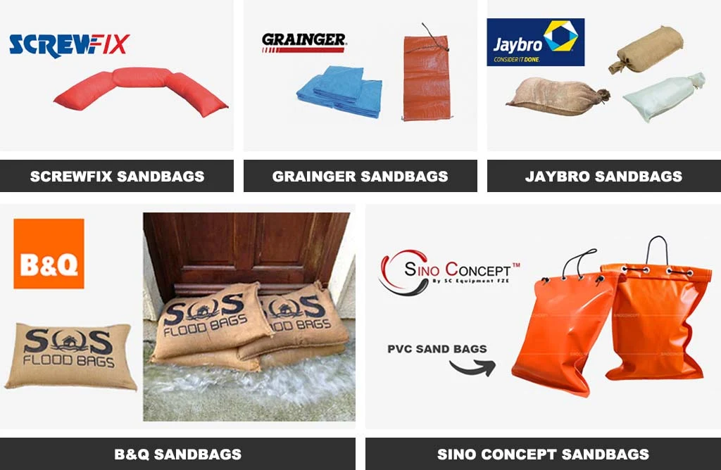 B&Q sandbags, Sino Concept PVC sandbags, Screwfix sandbags, Grainger sandbags, and Jaybro sandbags.