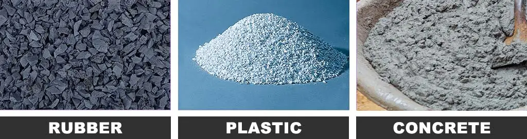 Rubber, plastic and concrete raw materials.
