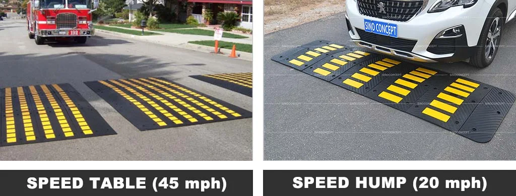 Black and yellow speed tables, and a black rubber speed hump with yellow reflective films to reduce speed.