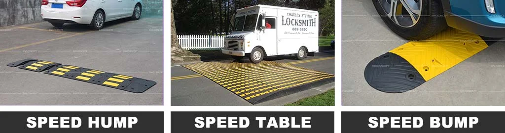 A black and yellow speed hump, speed table, and a speed bump as traffic-calming measures to reduce speed.