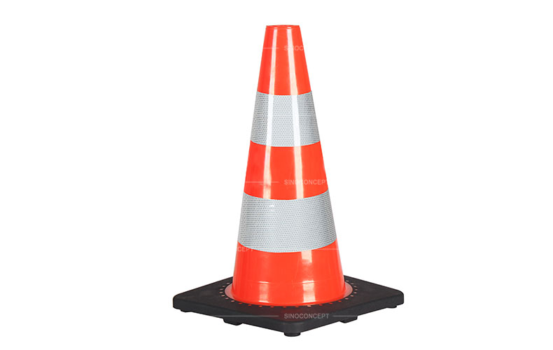Traffic cone made of PVC material and black rubber base, also pasted with glass bead reflective tapes for traffic management