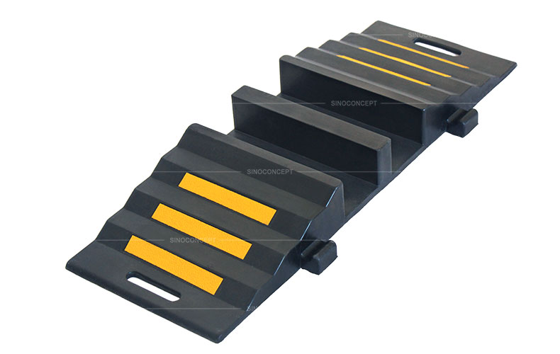 Rubber hose protector made of black recycled rubber and pasted with yellow glass bead reflective tapes for cable hose protection