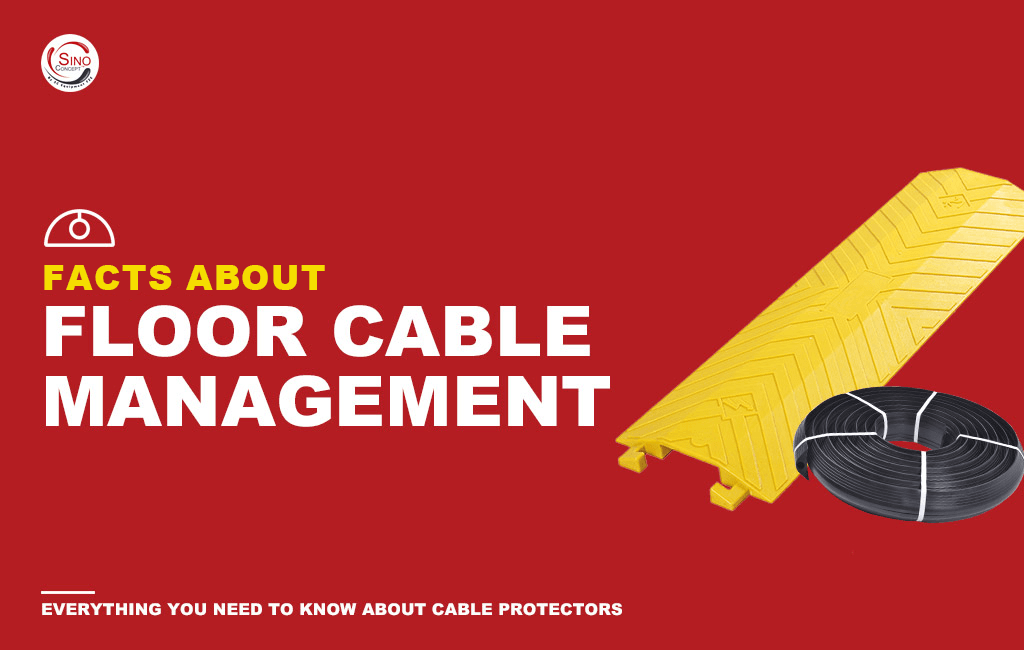 Black rubber floor cable cover, and yellow PU drop-over cable-protector used to protect cables and wires.
