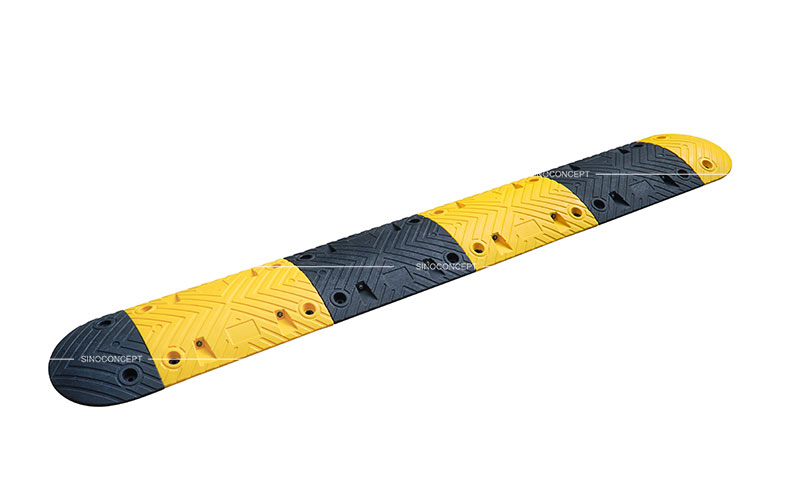 Black and yellow traffic speed bump of 5cm height made of Plastic-Rubber material for traffic-calming purposes.