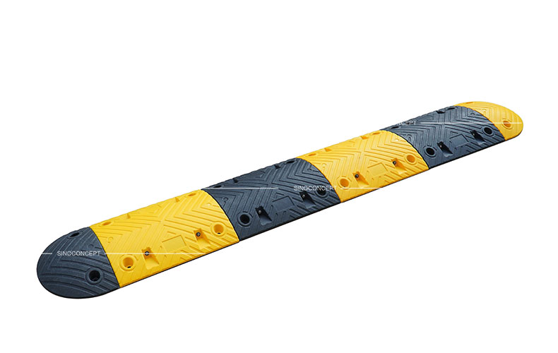 Black and yellow speed bump of 7cm height made of Plastic-Rubber material for traffic-calming purposes.