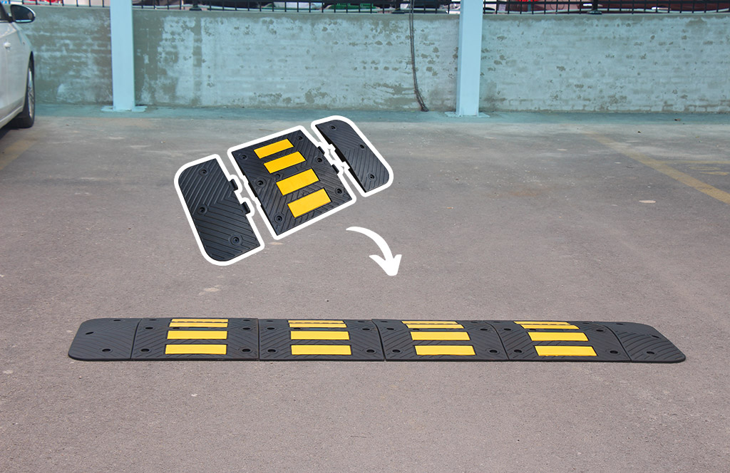 Rubber road humps connected by several parts to make it long enough for traffic calming purpose