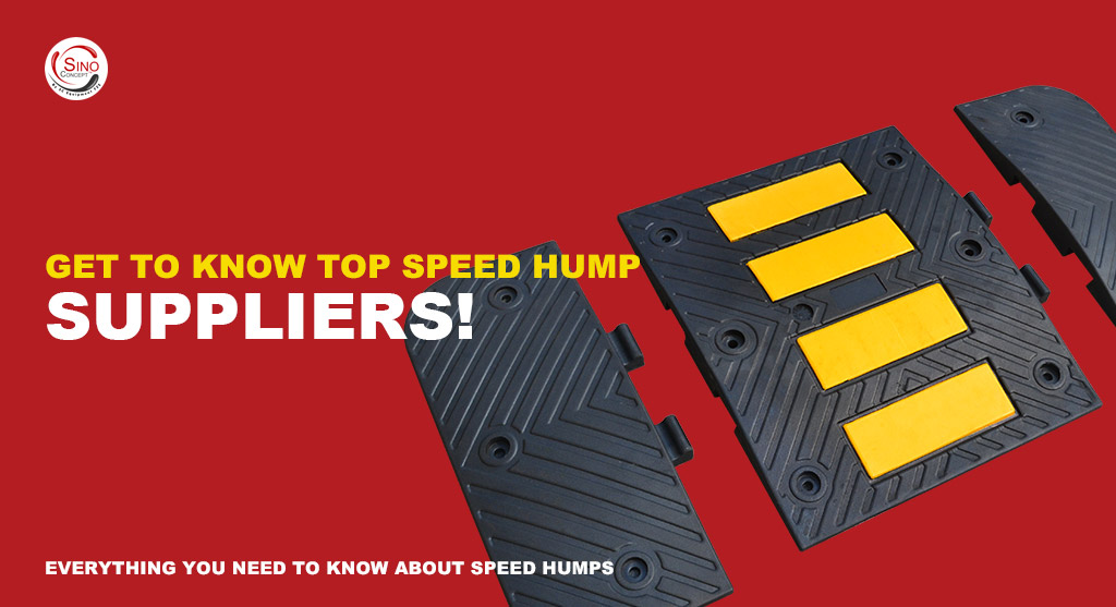 Black speed hump made of recycled rubber with yellow reflective films and strong interlocking system