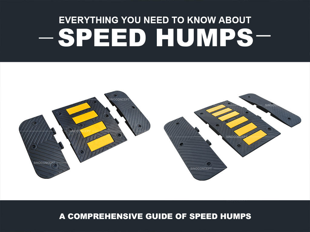 Two speed humps composed of middle parts and end parts with yellow reflective strips