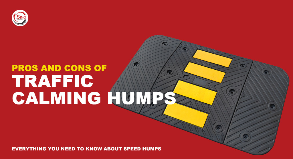 Traffic calming hump made of vulcanized rubber, coloured in black and yellow for traffic calming purpose