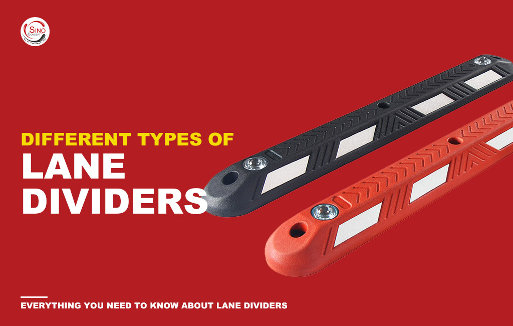 Traffic lane dividers coloured in yellow and red, embedded with road studs and pasted with white reflective films