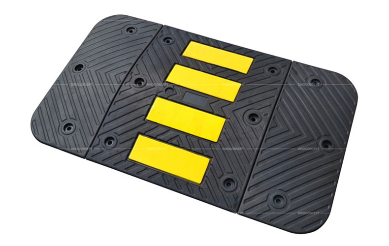600 mm rubber speed hump also called road hump made of black recycled rubber and yellow reflective tapes for parking management