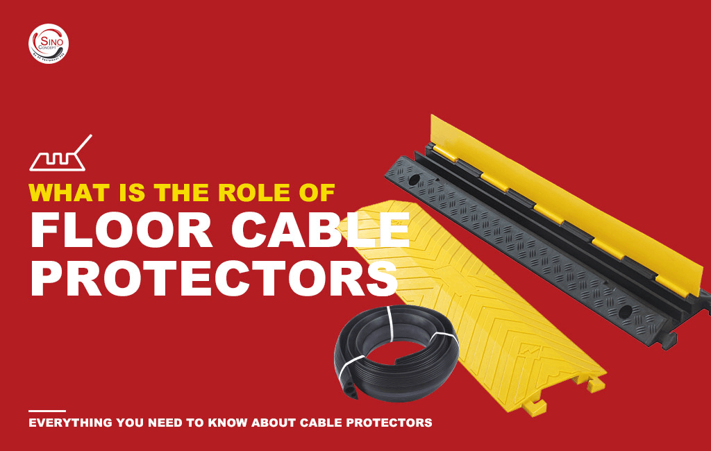 Black rubber floor cable cover, yellow PU drop-over cable-protector, and black rubber cable ramp with a yellow plastic lid.