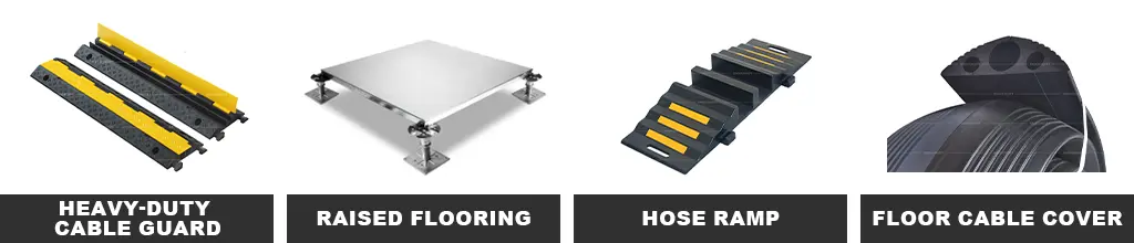 Black and yellow heavy-duty cable guard, raised flooring, rubber hose ramp and floor cable cover as cable management measures.