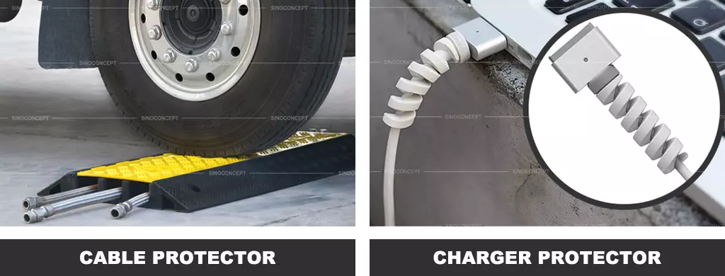 A black rubber cable protector protects wires or hoses, and a charger protector protects charging cables.