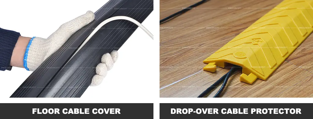 A black rubber floor cable cover, and a yellow PU drop-over cable protector as cable management choices.