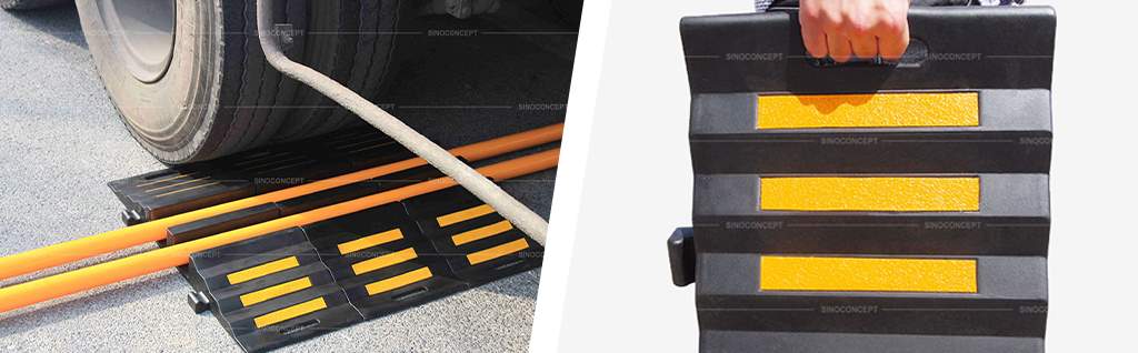 Rubber hose ramps have large channels inside them and come with convenient carry handles.