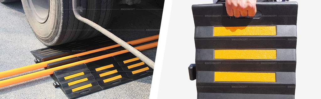 Rubber hose ramps have large channels inside them. You can place hoses inside these channels to protect them, reduce hindrance in water movement, and diminish tripping risk.