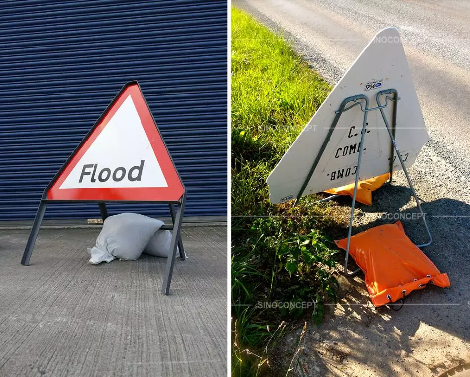 Two different types of sandbags for holding down traffic signs.