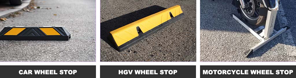 Black rubber car wheel stop with yellow reflective films, black and yellow heavy-duty wheel stop for trucks and a motorcycle wheel stop made from galvanised steel.