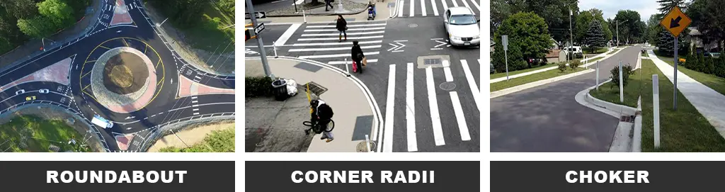 Roundabout, corner radii, and choker are traffic-calming measures.