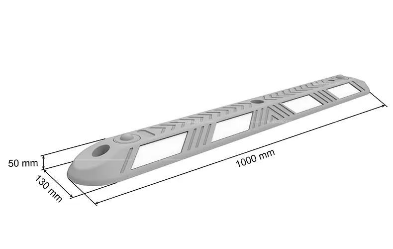 3D drawing of a cycle lane divider with white reflective tapes showing specific dimensions.