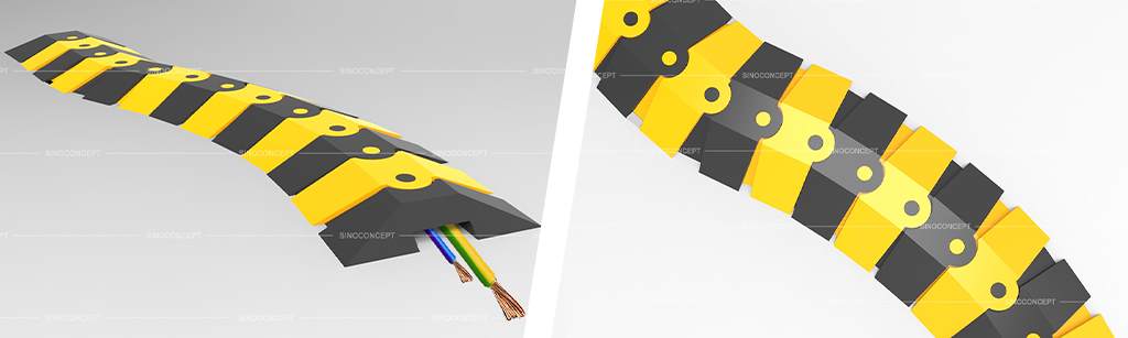 Black and yellow sidewinder cable protectors used to cover cables at corners and turns.