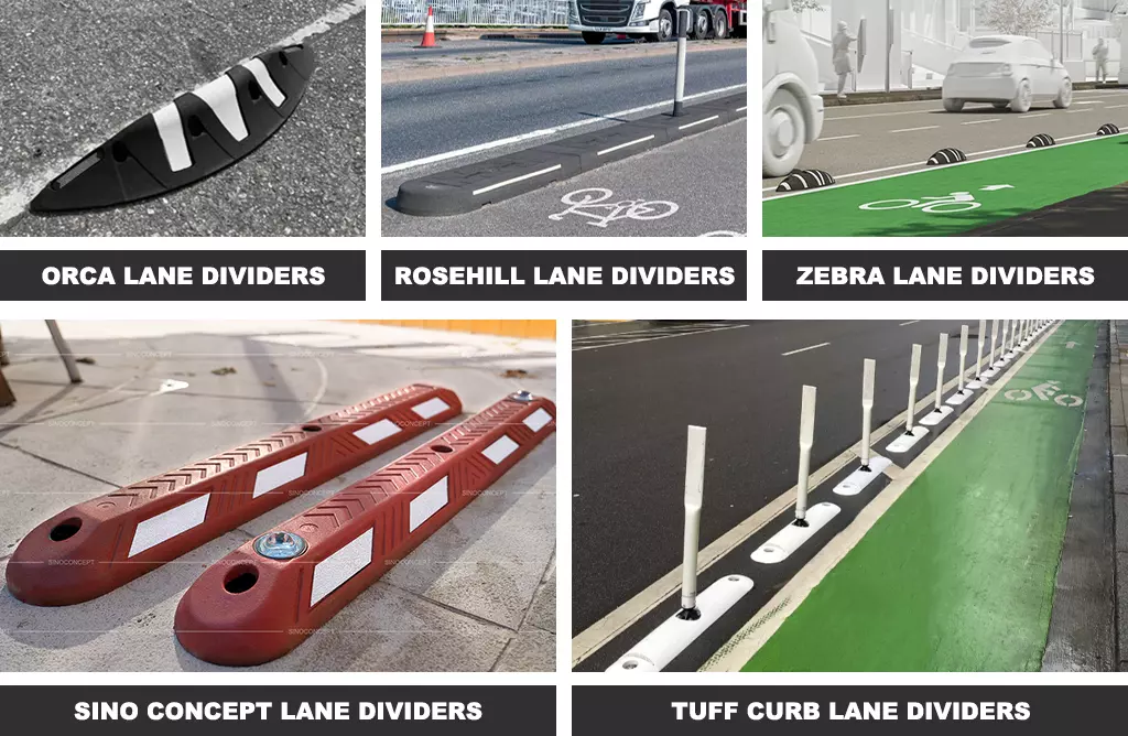 Orca, Rosehill, Zebra, Sino Concept, and Tuff Curb lane dividers.