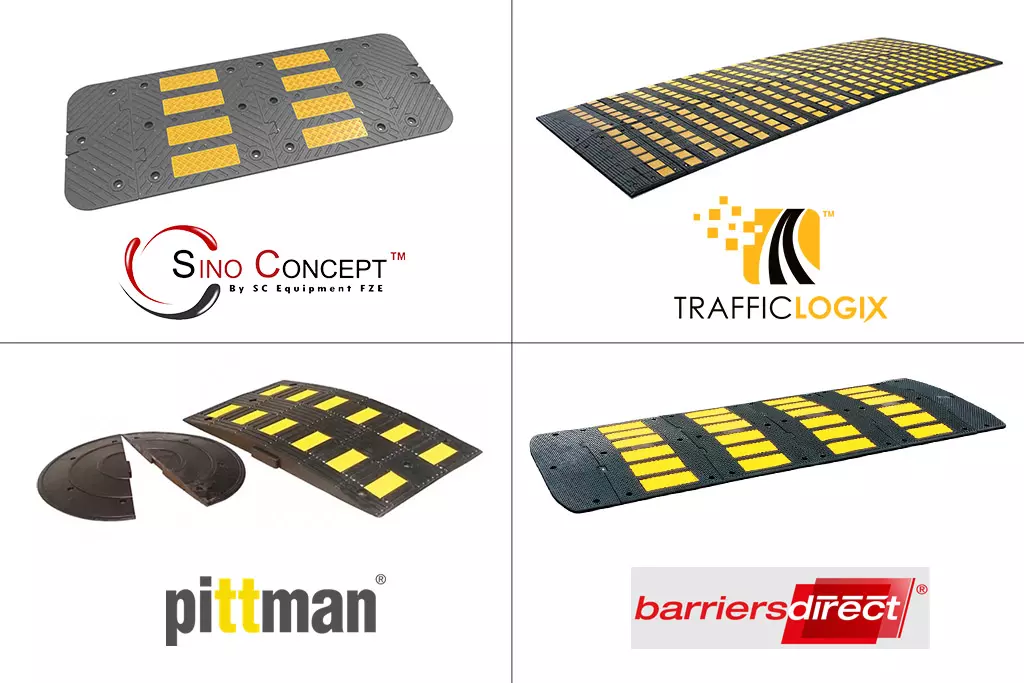 Famous speed bump suppliers, including Sino Concept, Traffic Logix, Pittman Traffic and Barriers Direct.
