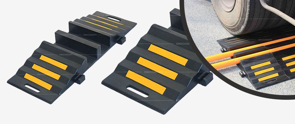 Black rubber hose ramps or hose bridge ramps are made of black vulcanized rubber and glass bead reflective tapes.