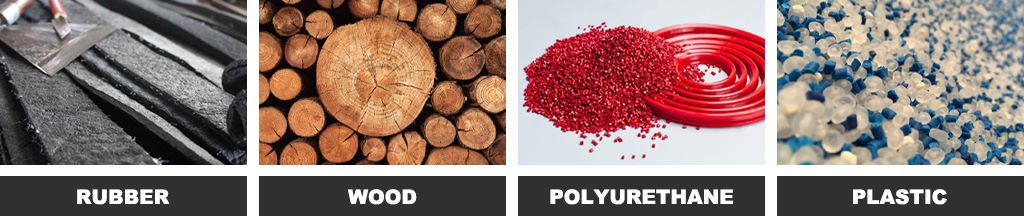 Four different materials: rubber, wood, polyurethane (PU), and plastic.