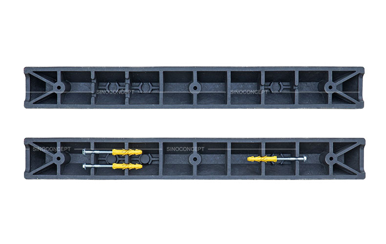 Bottom view of 1220mm Plastic-Rubber composite parking wheel stops with 3 galvanised lag bolts and plastic anchors.