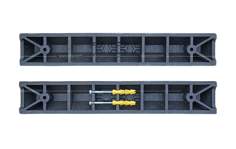 Bottom view of 900mm Plastic-Rubber composite parking blocks with 2 galvanised lag bolts and plastic anchors.