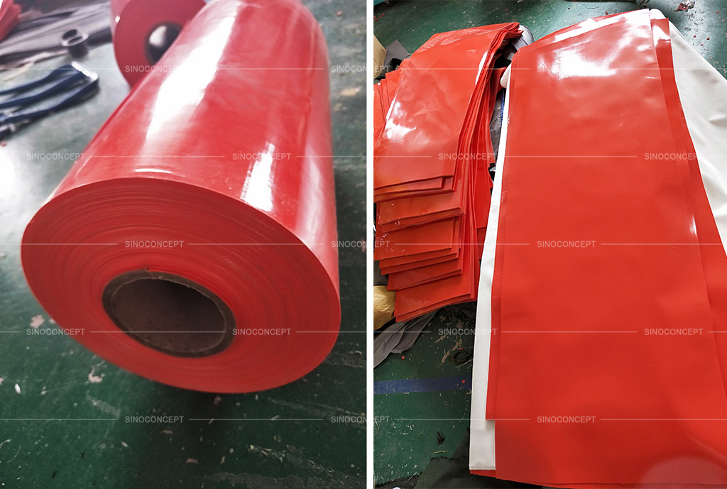 A lot of orange PVC material used to make sandbags