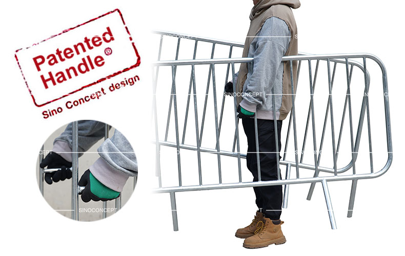 2 meter crowd barriers with patented handles designed by Sino Concept for easy carrying.